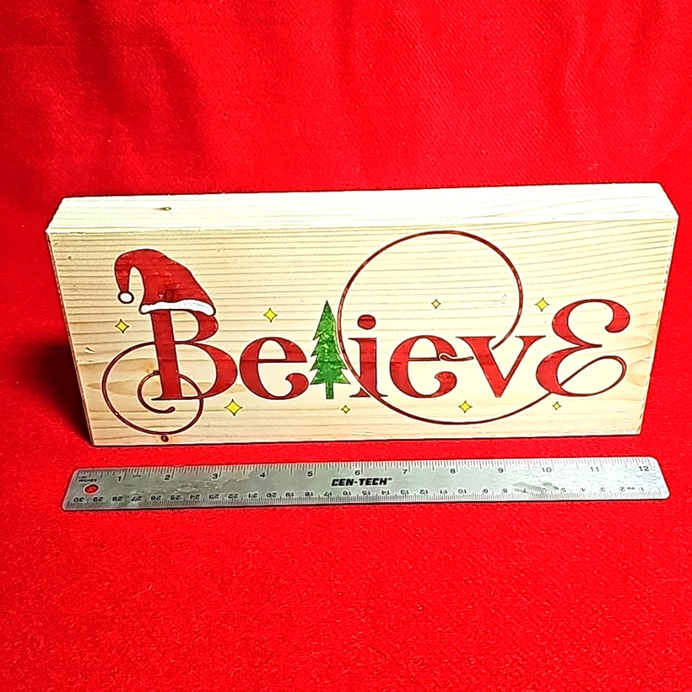 Wooden Farmhouse Christmas handpainted sign shelf sitter Believe Sign